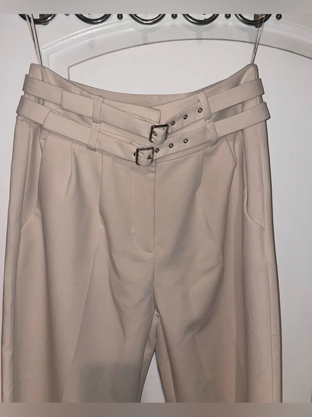 New! Amanda Uprichard Blythe High Waist Wide Leg Buckle Pants Bone 🤍 Medium NWT!